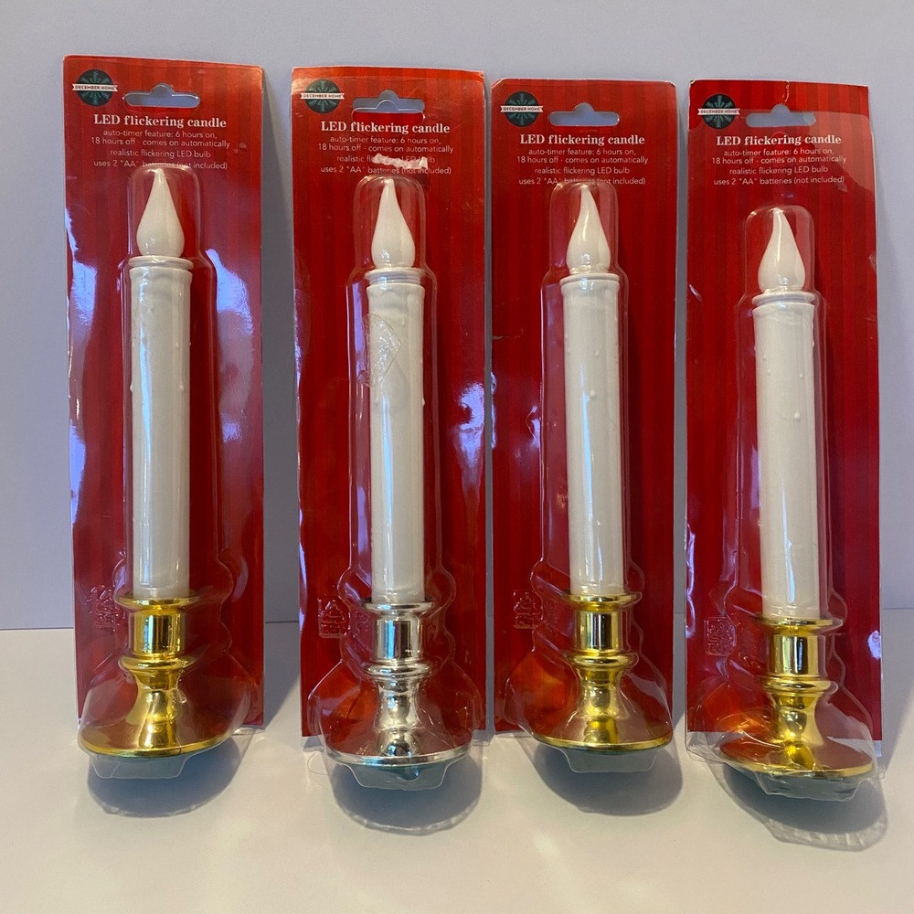December Home LED Flickering Candle Set 4pc Gold‎ Silver 9in New Timer